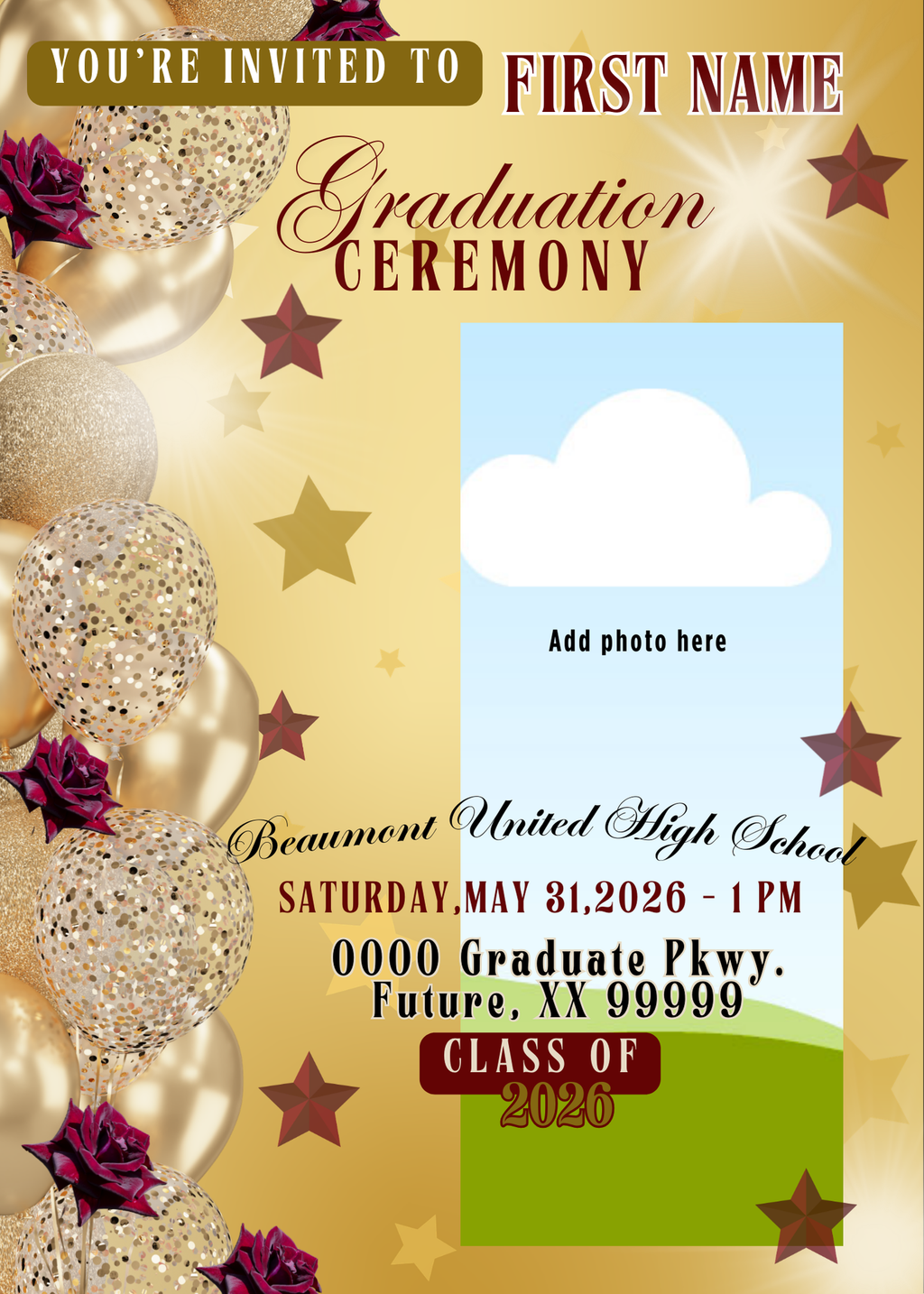 Gold & Burgundy Graduation Invitation Template - Editable Stars & Floral Design