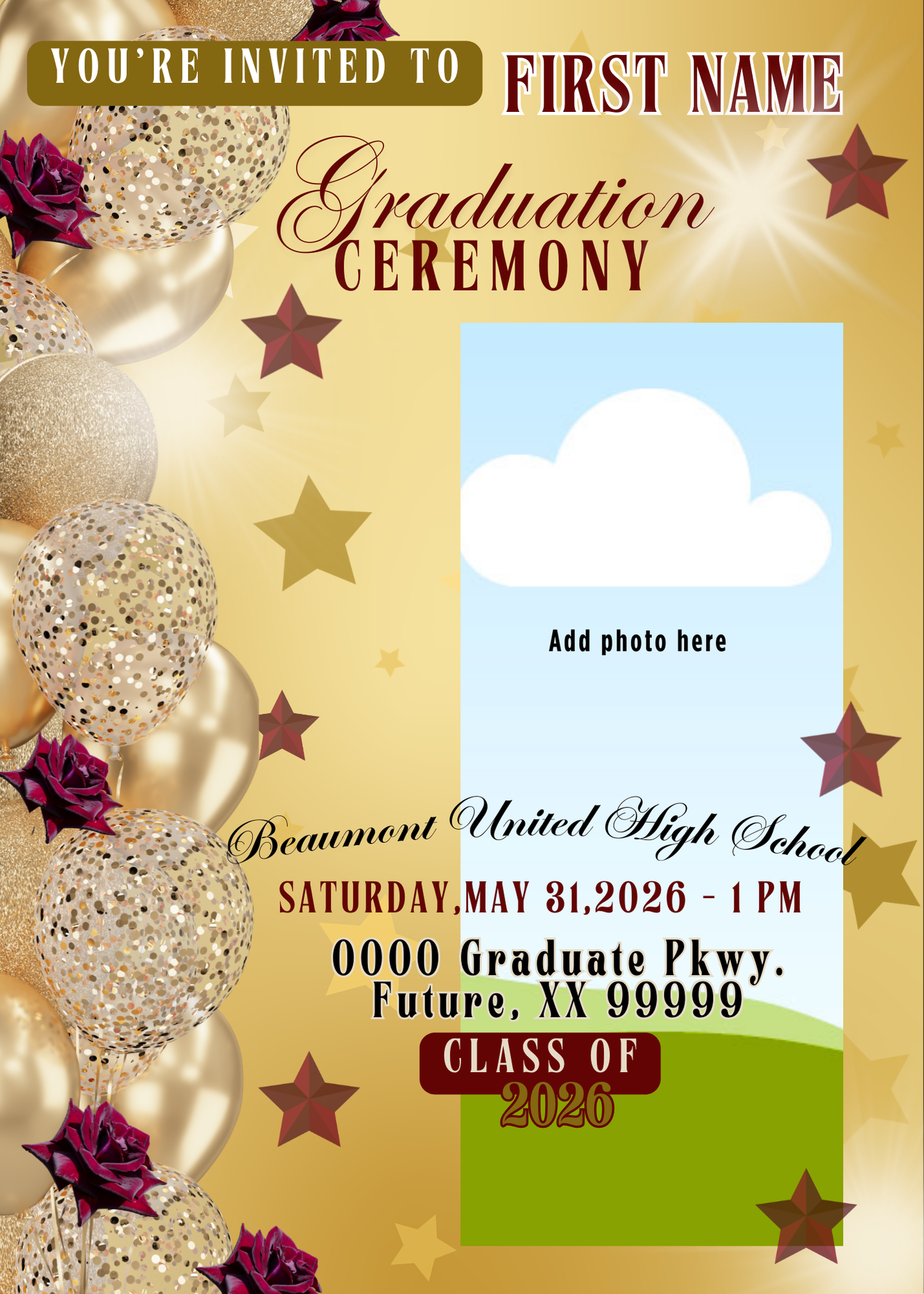 Gold & Burgundy Graduation Invitation Template - Editable Stars & Floral Design