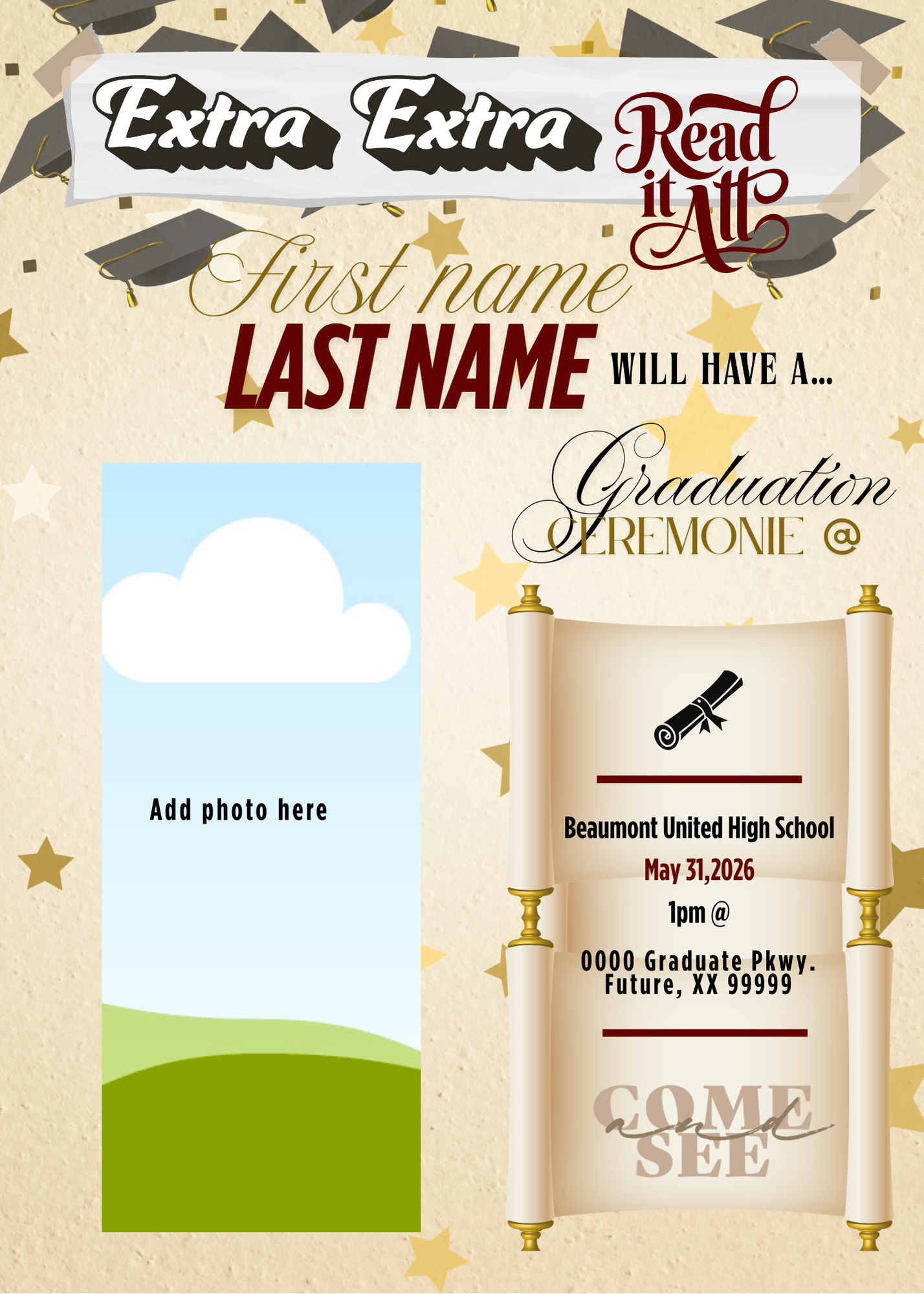 Gold & Burgundy Graduation Invitation Template - Editable Stars & Floral Design