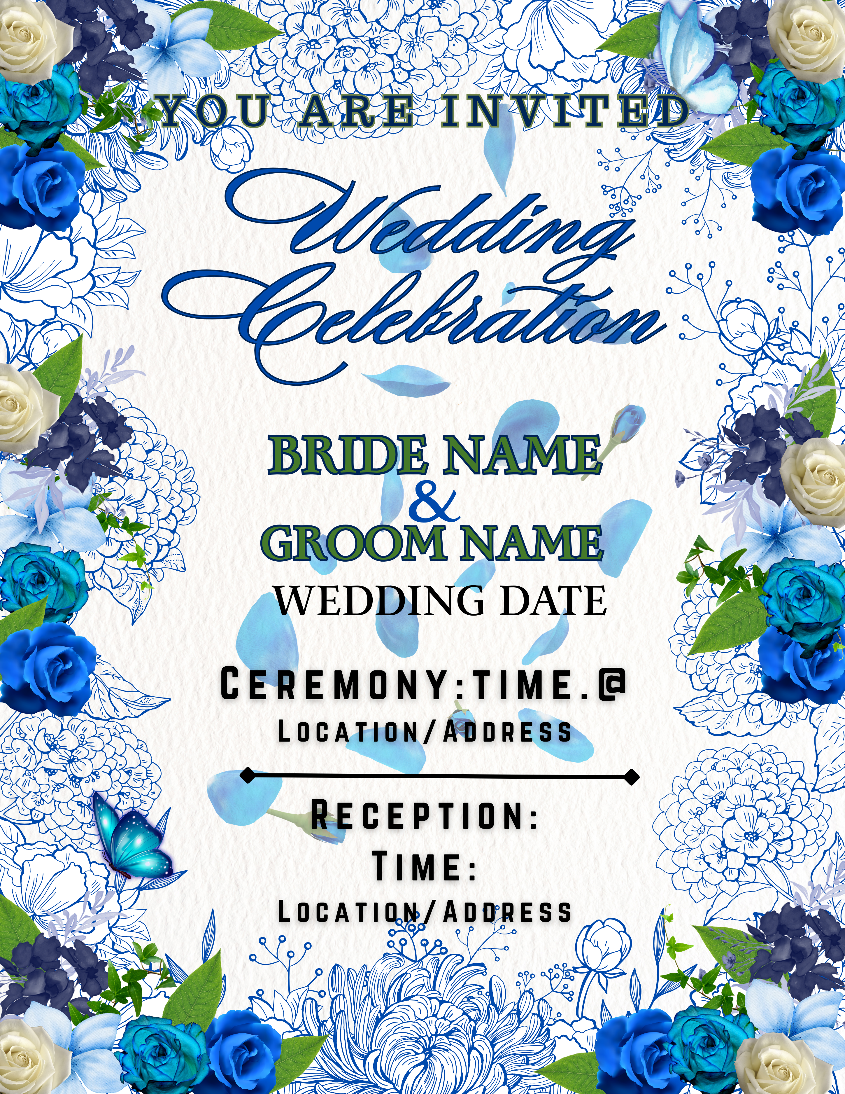 Editable Blue Roses Wedding Invitation - Customizable Size & Details