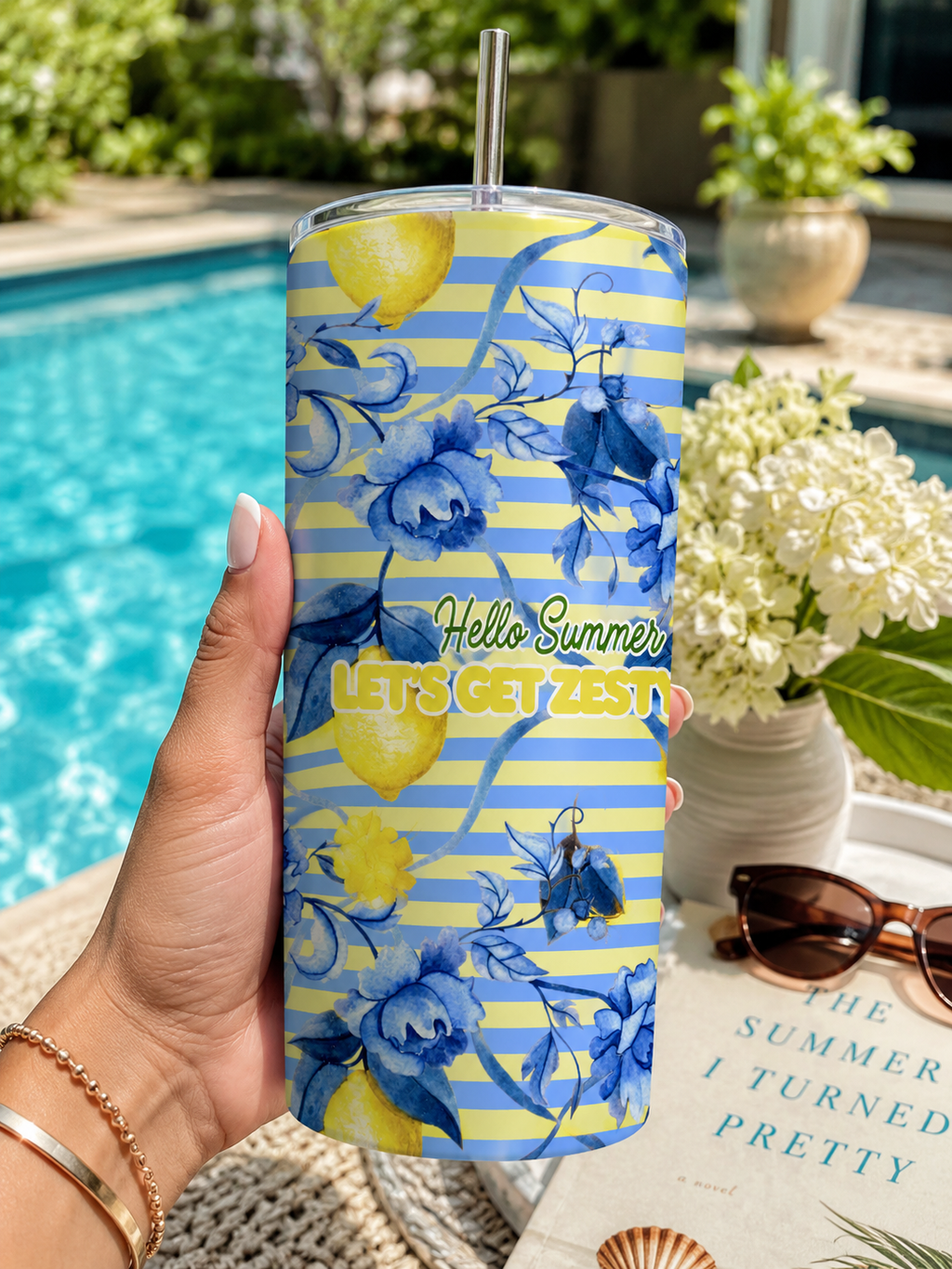 Lemon Floral Summer Tumbler Wrap, Watercolor Blue Flowers, Zesty Design (Digital Download)