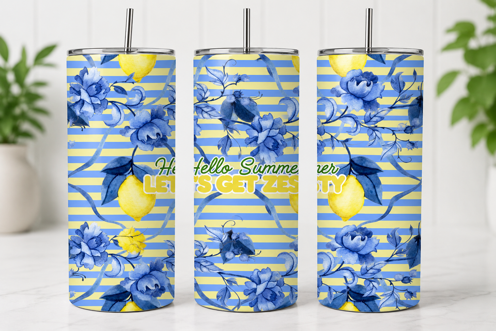 Lemon Floral Summer Tumbler Wrap, Watercolor Blue Flowers, Zesty Design (Digital Download)