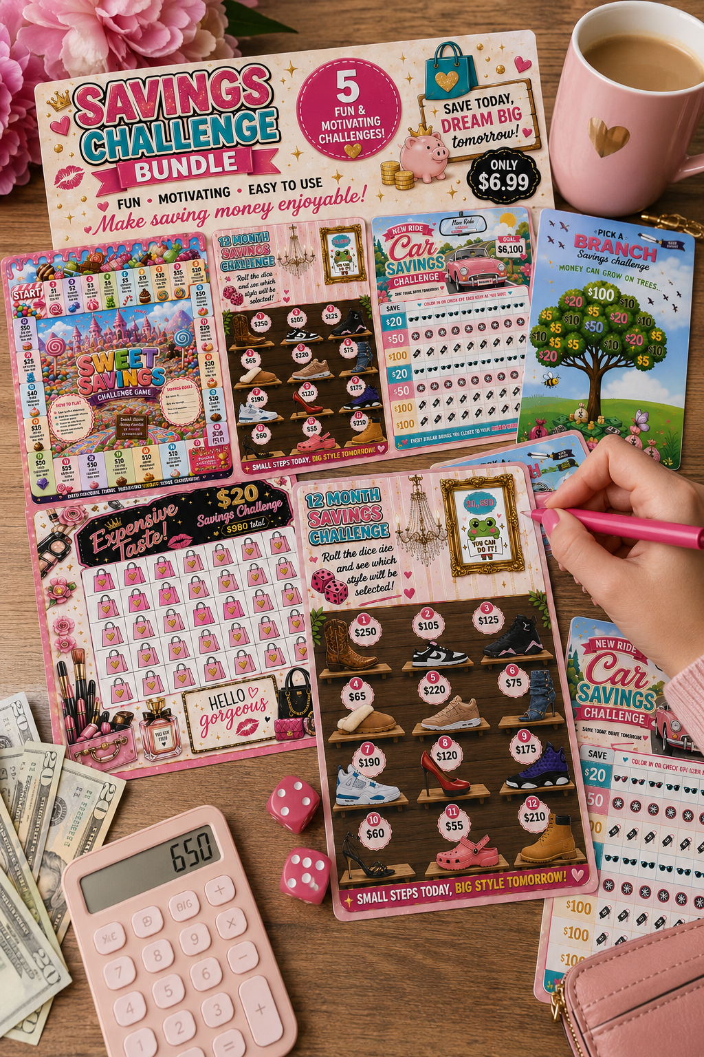 Cute Savings Challenge Bundle Printable | Money Saving Games | Luxury Pink Budget Tracker | Instant Download