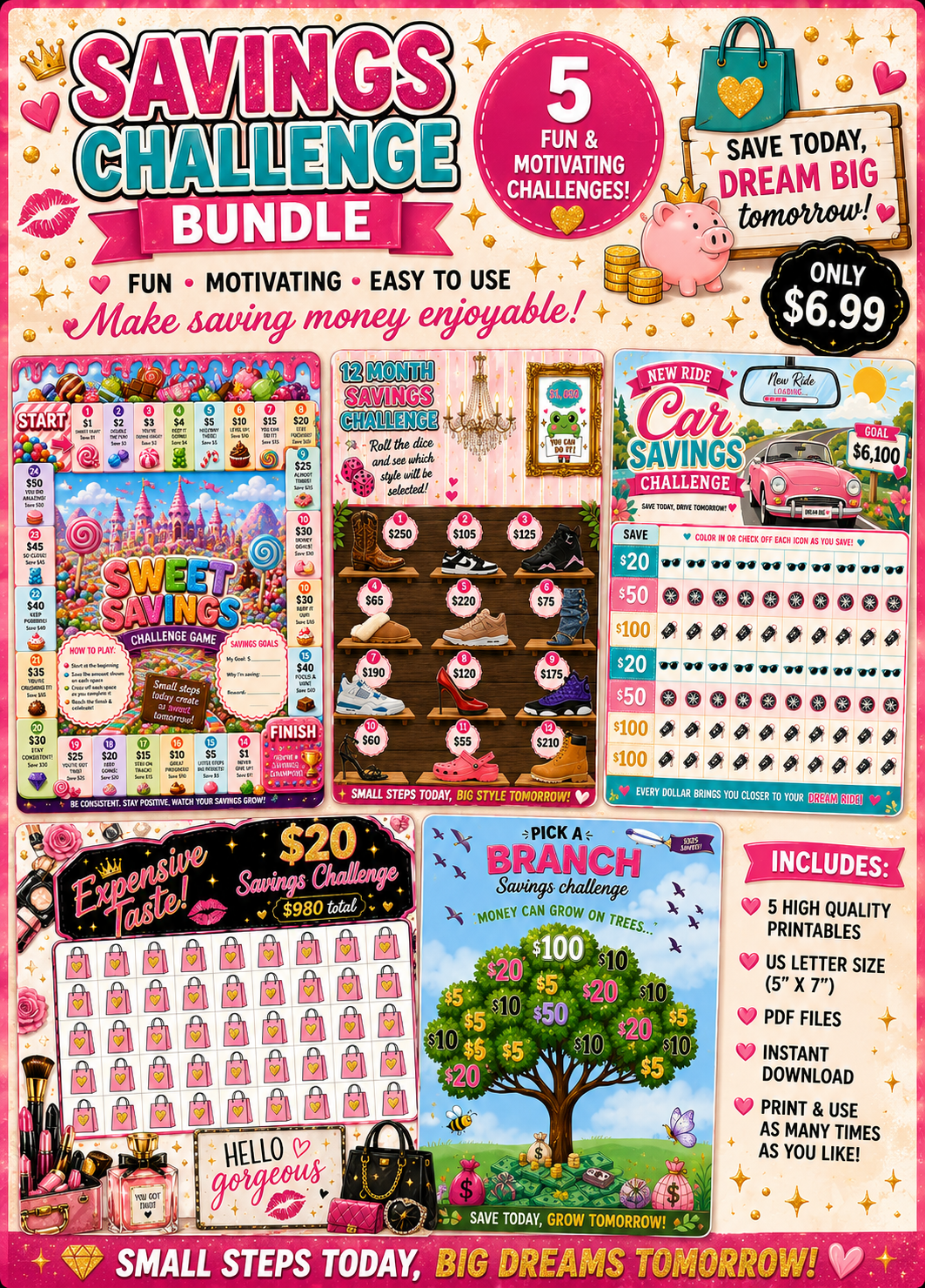 Cute Savings Challenge Bundle Printable | Money Saving Games | Luxury Pink Budget Tracker | Instant Download
