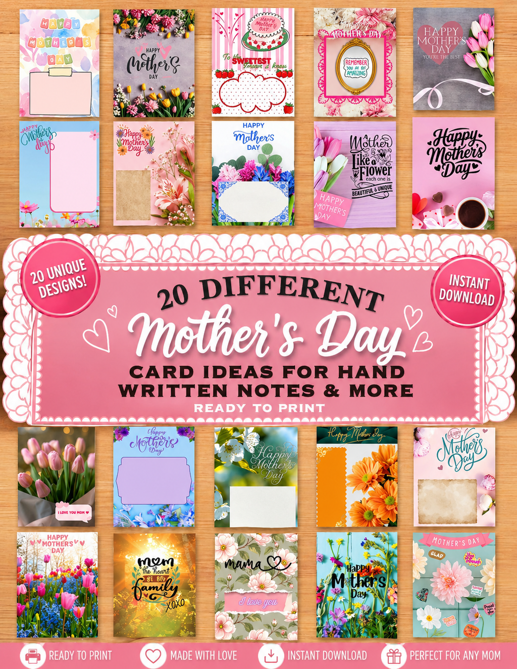 Mother's Day Printable Note Cards with Handwritten Message Space