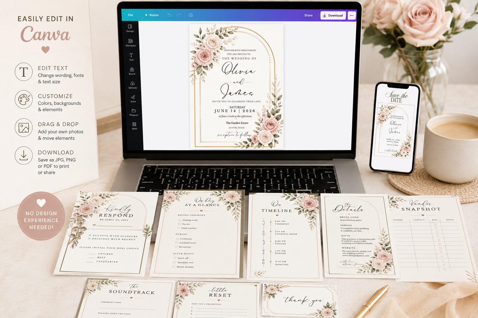 Editable Wedding Bundle Template, Canva Wedding Planner, Wedding Invitation Set, Printable Wedding Suite, Instant Download Bridal Bundle