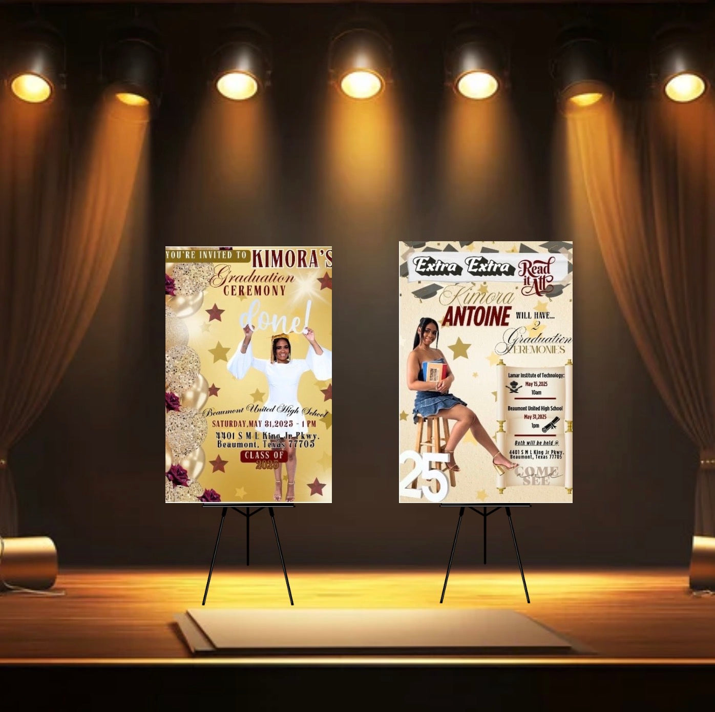 Gold & Burgundy Graduation Invitation Template - Editable Stars & Floral Design