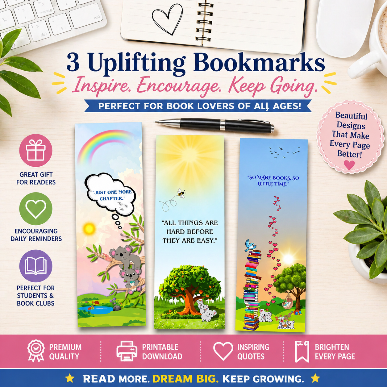 Inspirational Bookmark Printable Set for Kids, Motivational Quotes Bookmarks, Classroom Gift, Instant Download