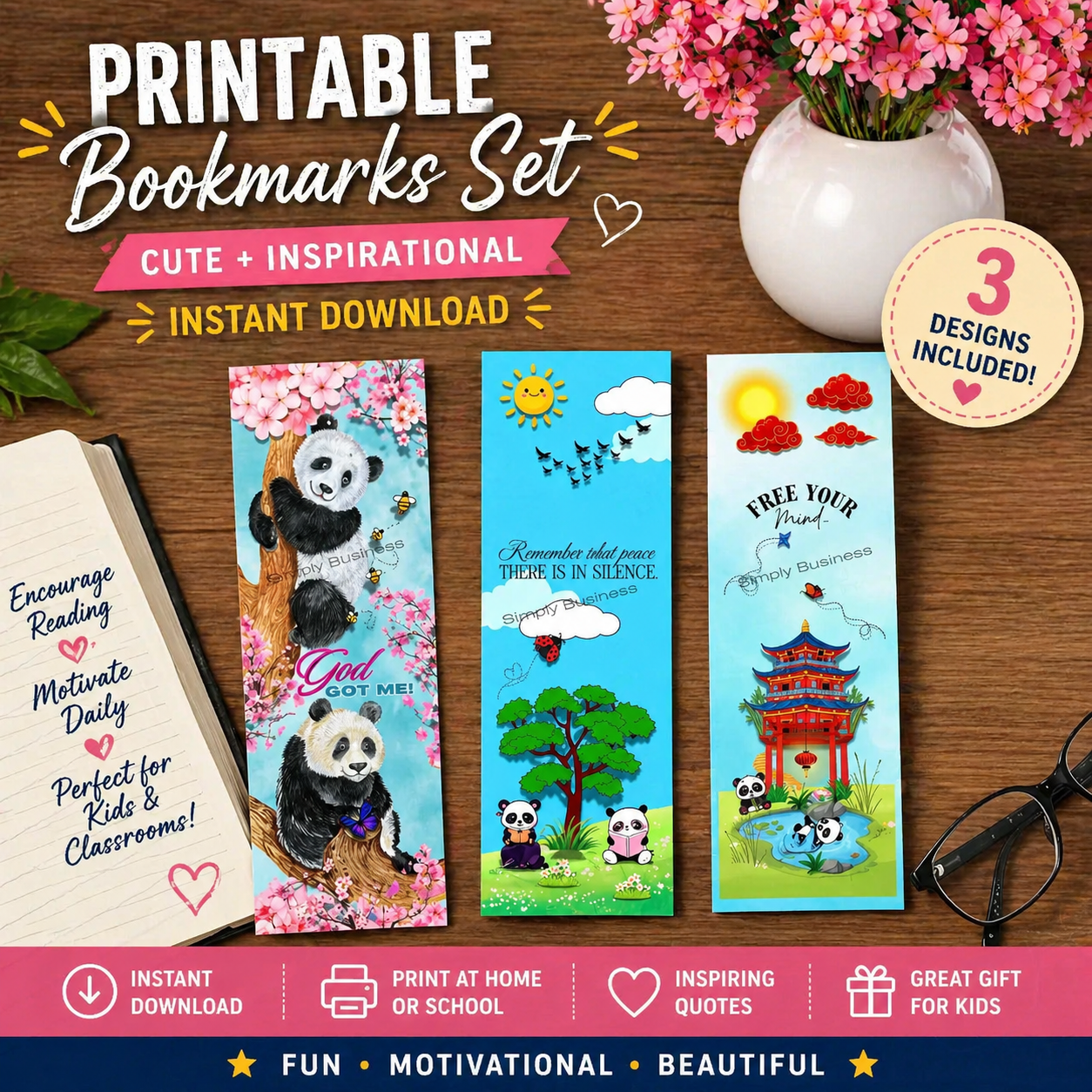 Whimsical Panda Bookmarks - Set of 3 Digital Downloads