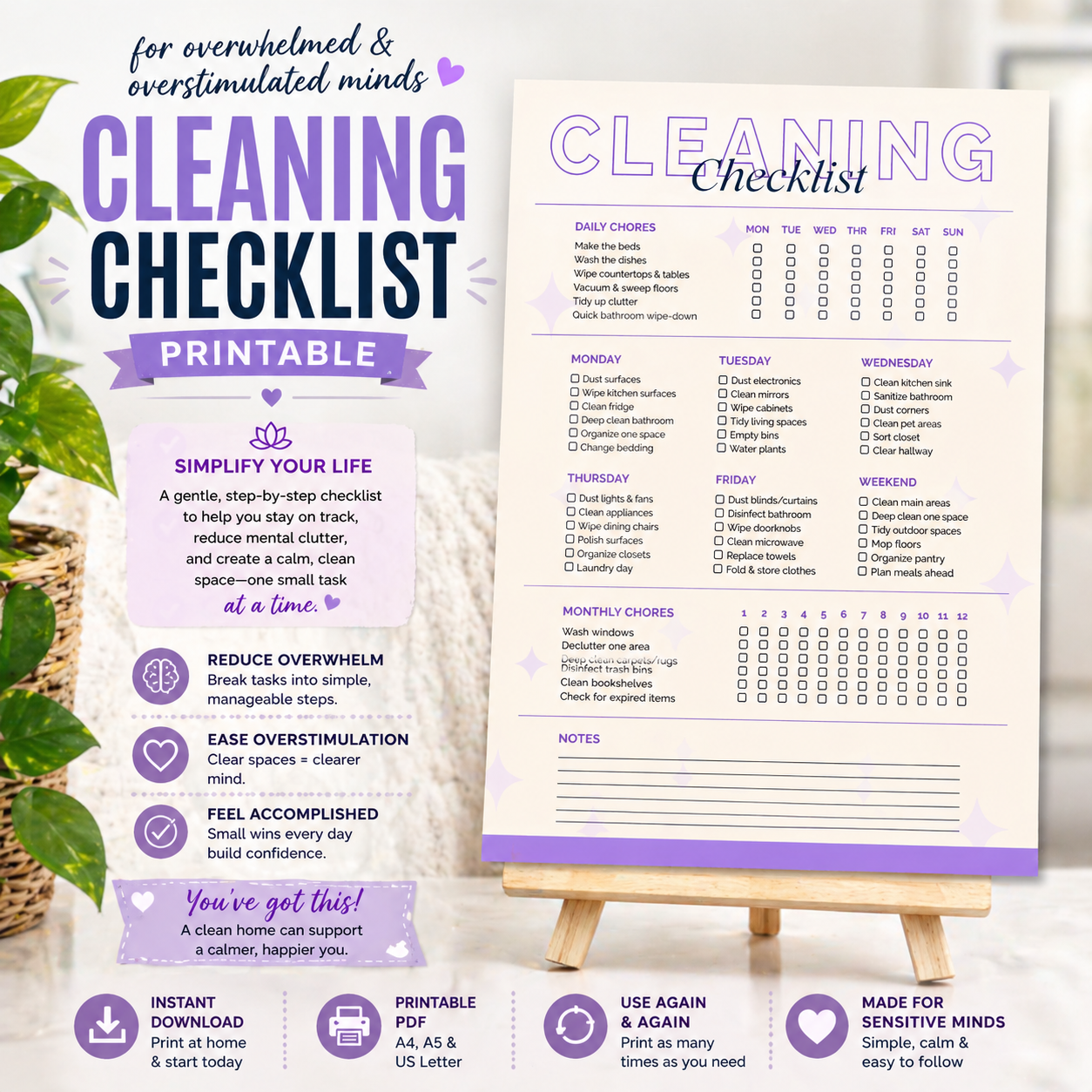 ADHD Friendly Cleaning Checklist, Simple Home Routine Printable, Weekly Planner, Calm & Organized Living