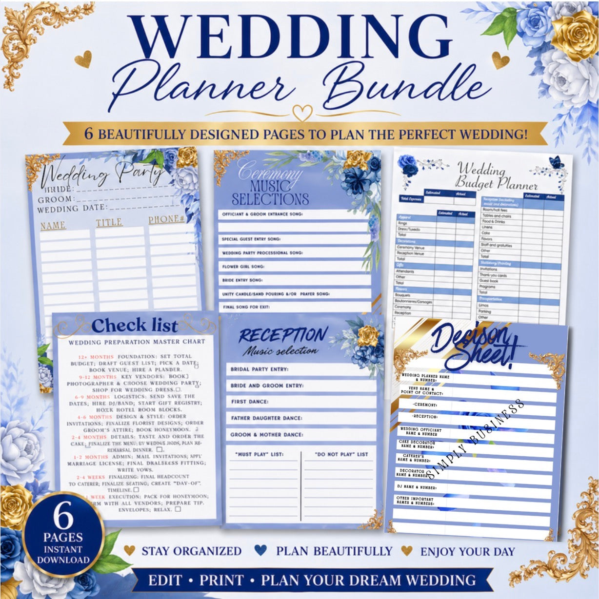 Wedding Planner Printable Bundle,Wedding Checklist, Budget Planner, Music Planner, Vendor List, Instant Download (6 Pages)