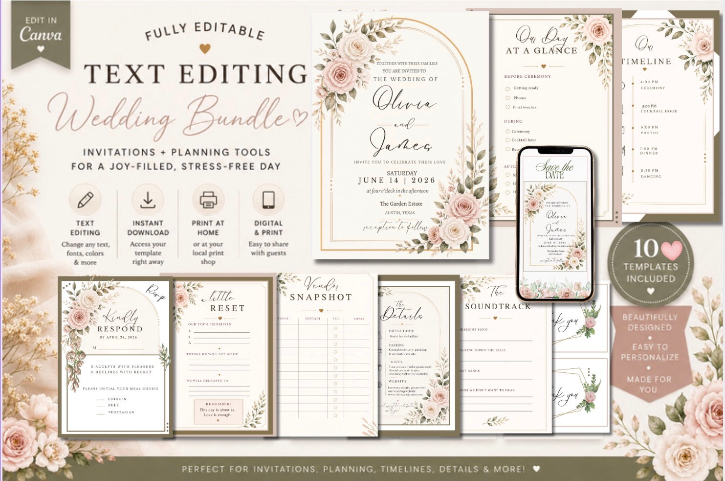 Editable Wedding Bundle Template, Canva Wedding Planner, Wedding Invitation Set, Printable Wedding Suite, Instant Download Bridal Bundle