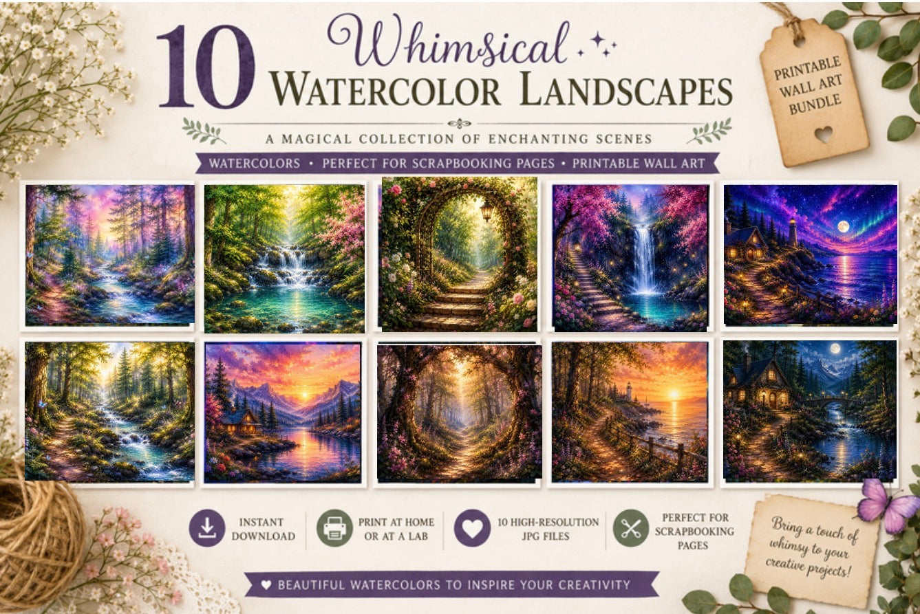 Whimsical Watercolor Landscapes – 10 Digital Prints