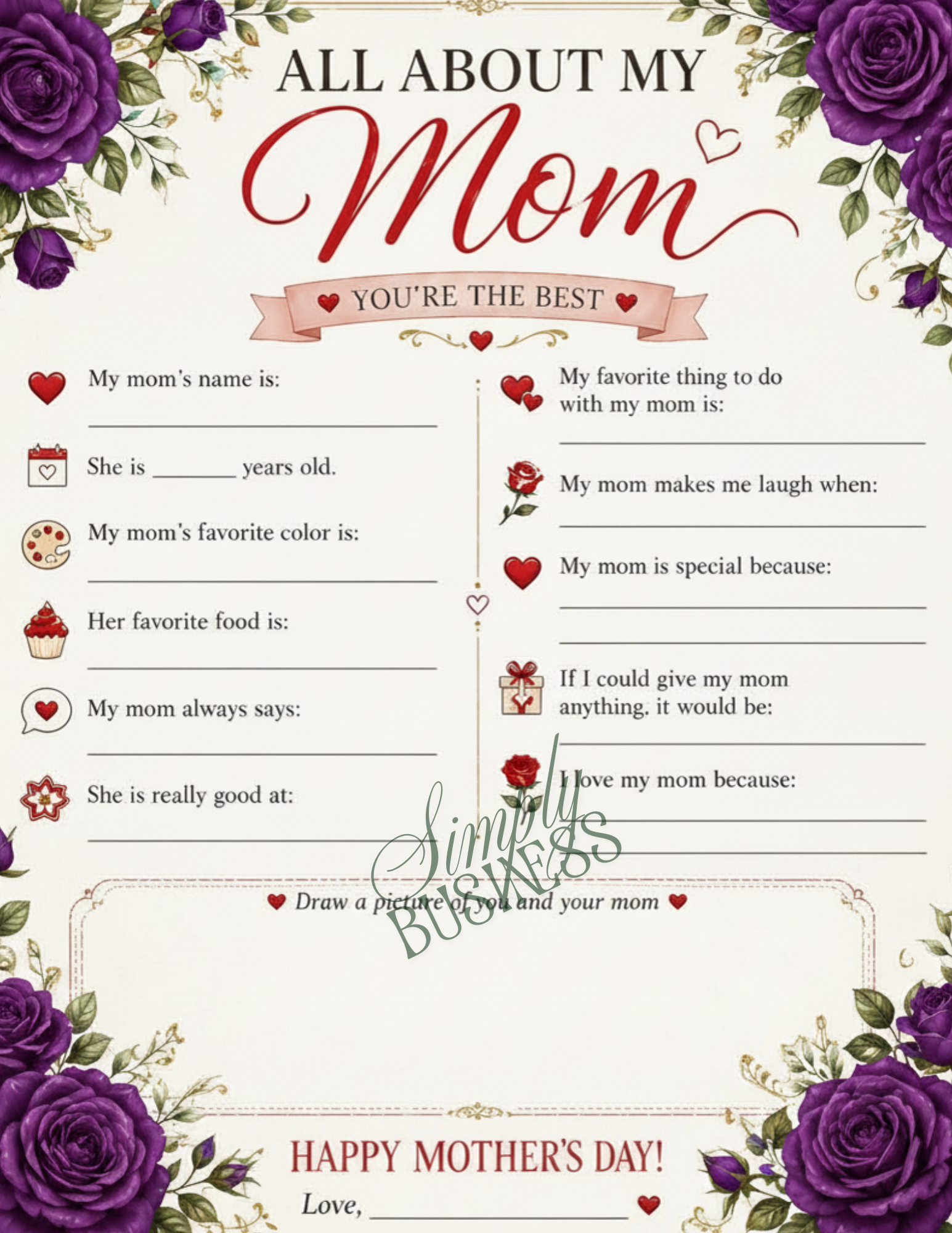 Mother’s Day Fill-In Worksheet for Kids