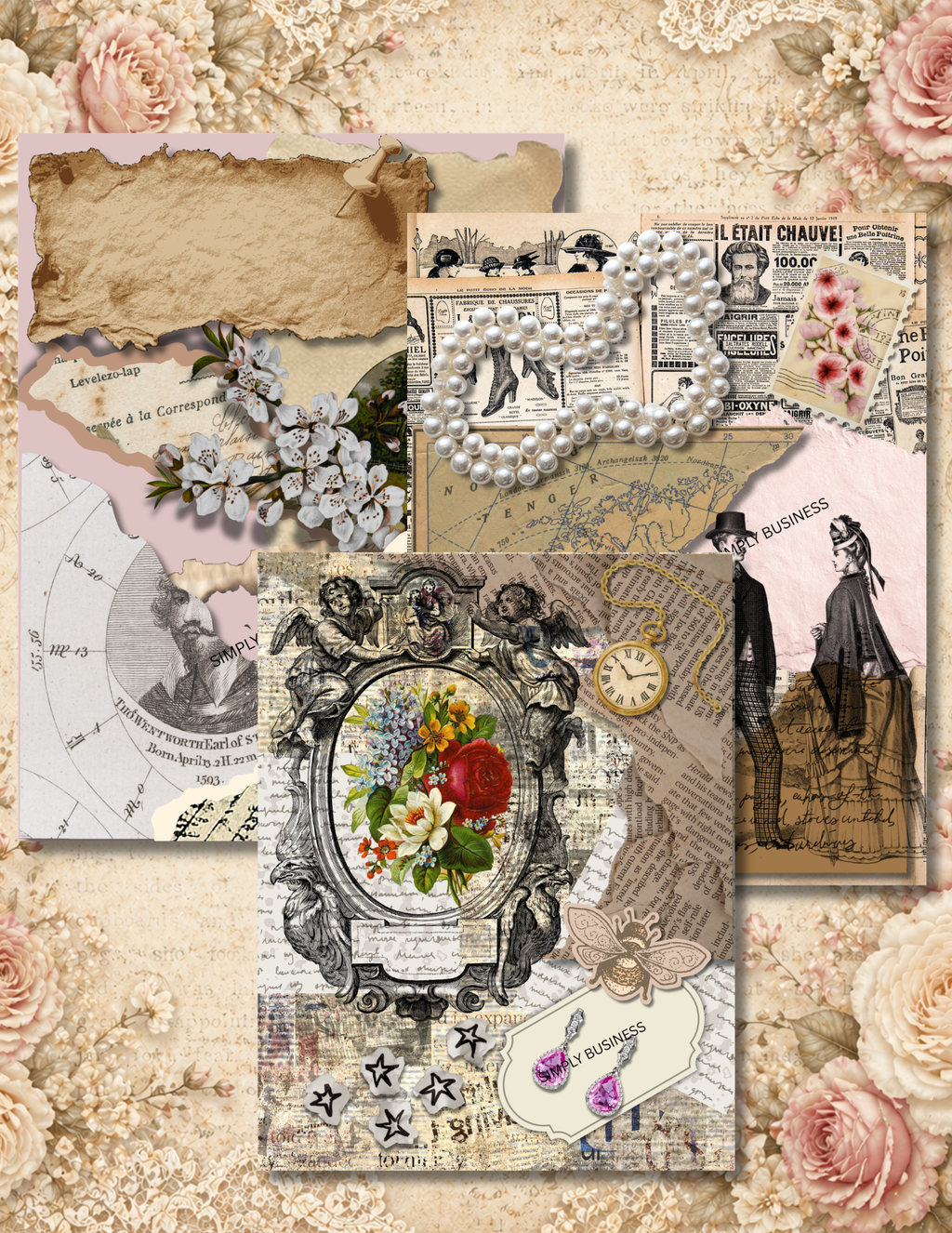 Vintage Scrapbook Paper Pack, Junk Journal Kit, Antique Ephemera Printable Pages