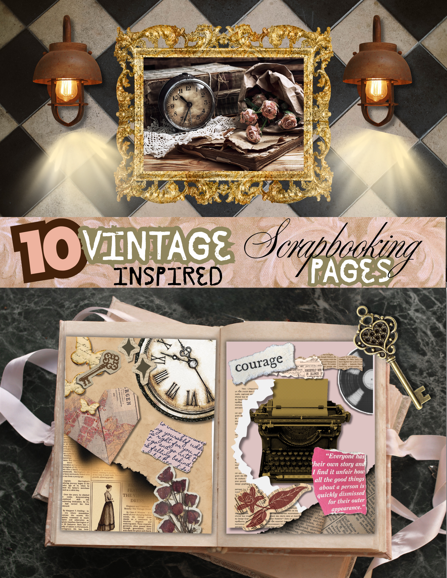 Vintage Scrapbook Paper Pack, Junk Journal Kit, Antique Ephemera Printable Pages