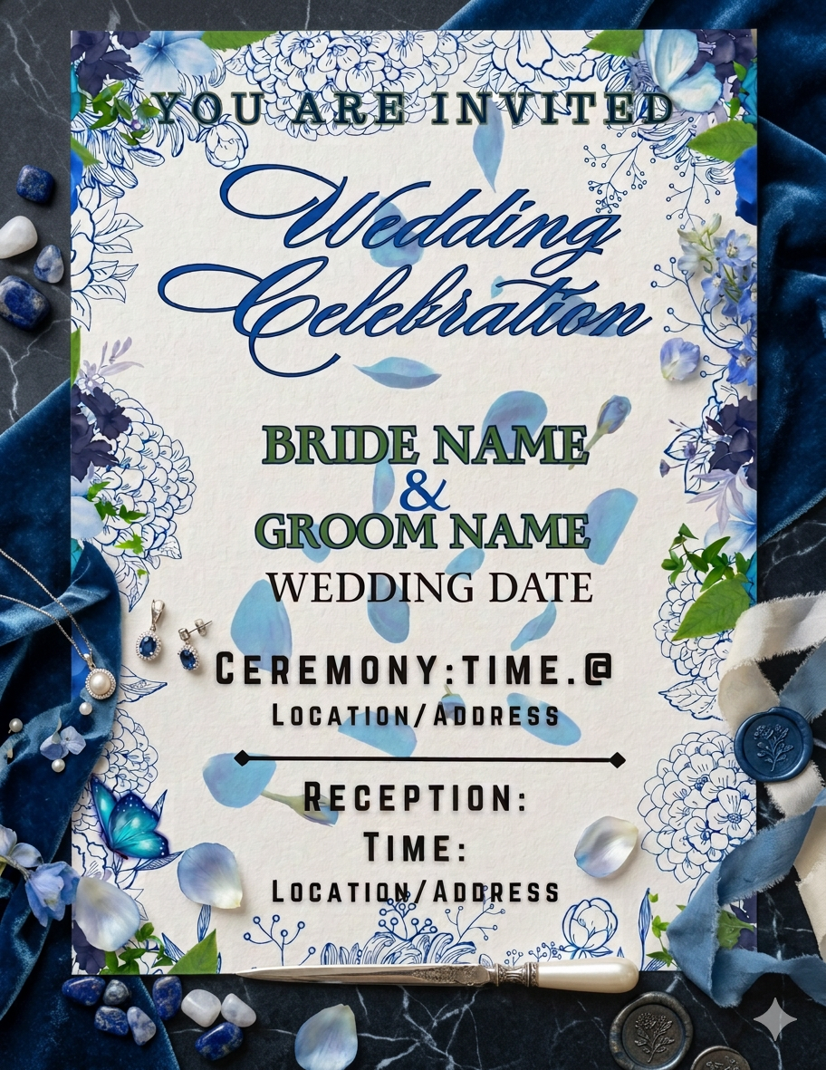 Editable Blue Roses Wedding Invitation - Customizable Size & Details