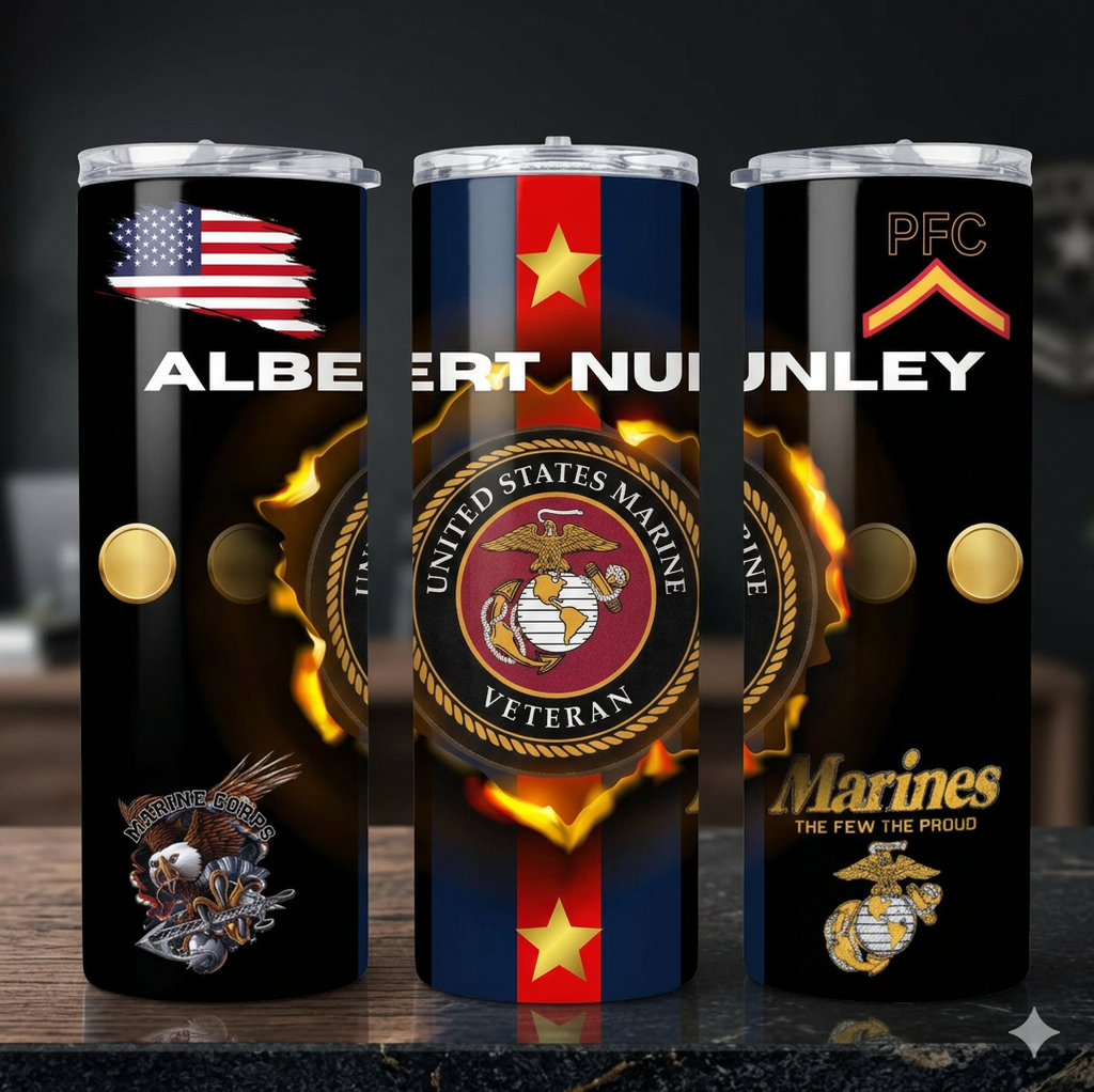 Personalized Marine Corps Veteran 20oz Tumbler Design | Canva Pro Editable + PNG for Free Canva & Other Software